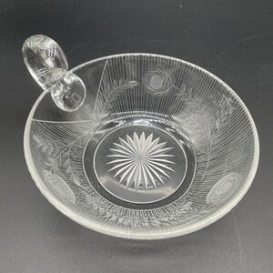 Vintage Czech Bohemian Wheel Engraved Crystal Handled Nappy Rosette Dish